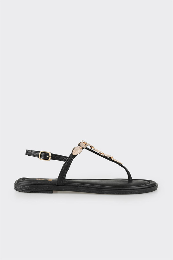 Siyah deri düz kadın sandalet, rahat kullanım için - Elle Shoes