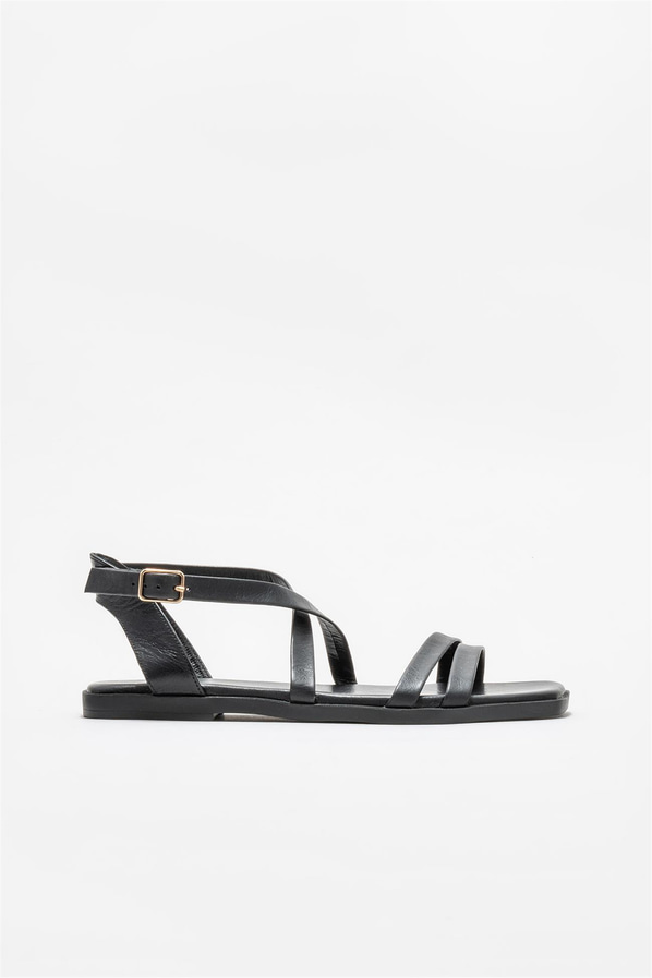 Siyah deri düz kadın sandalet - Elle Shoes