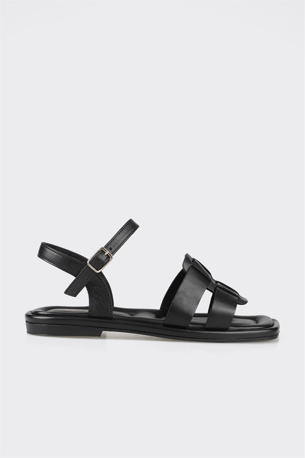 Siyah deri düz kadın sandalet - Elle Shoes
