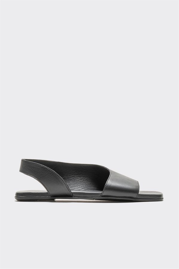 Siyah deri düz kadın sandalet - Elle Shoes
