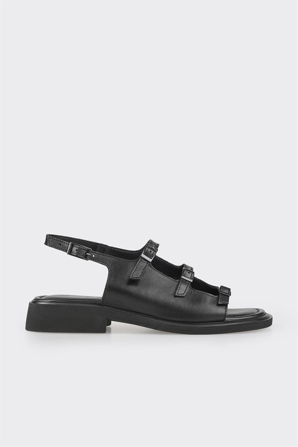 Siyah deri düz kadın sandalet - Elle Shoes