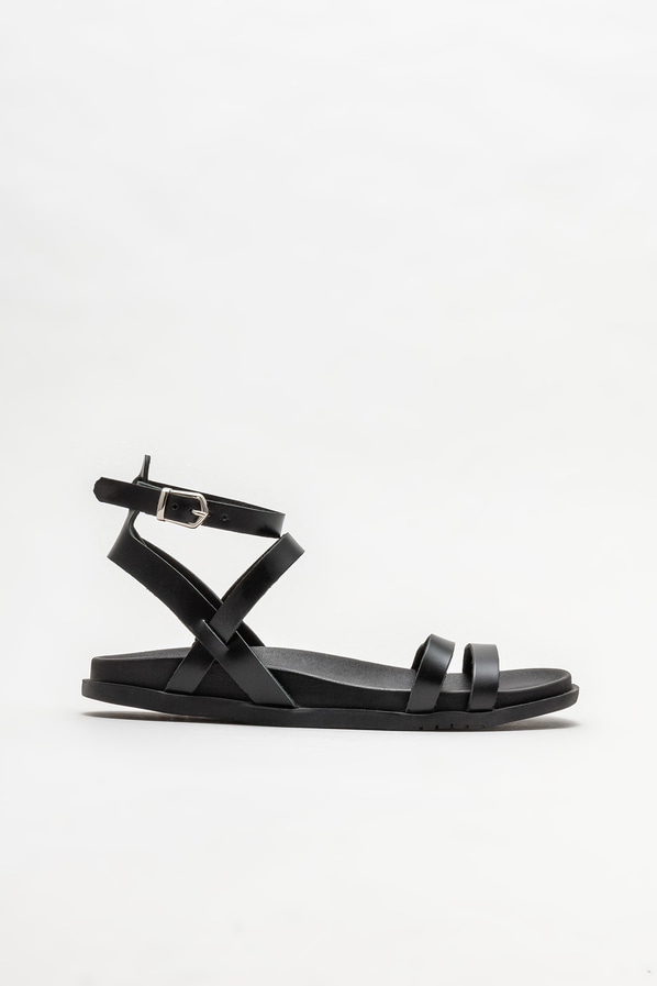 Siyah deri düz kadın sandalet - Elle Shoes