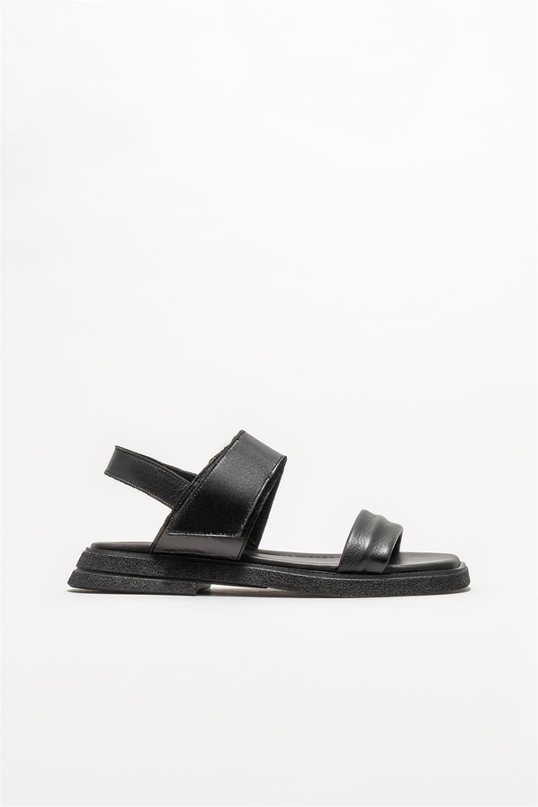 Siyah deri düz kadın sandalet - Elle Shoes