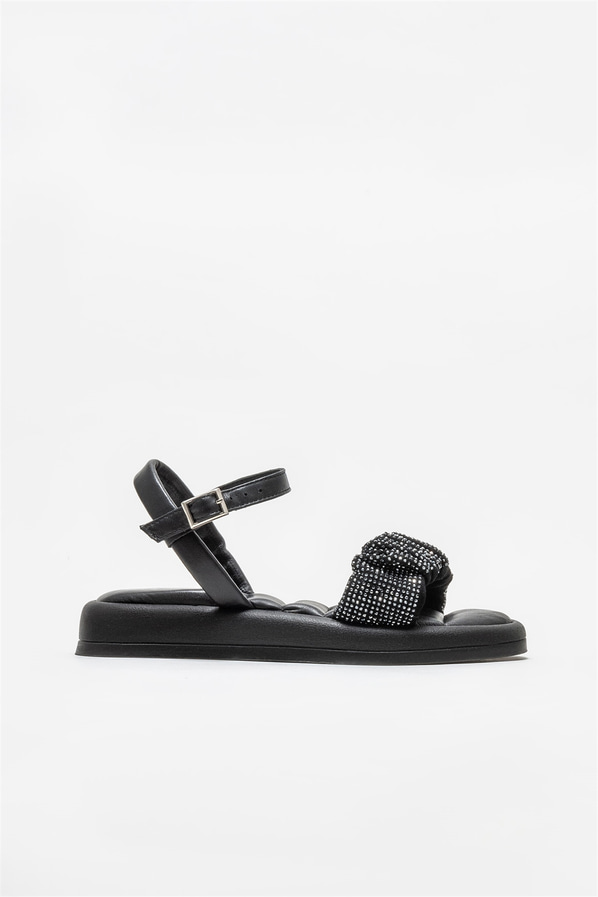 Siyah deri düz kadın sandalet - Elle Shoes