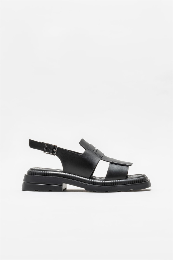Siyah deri düz kadın sandalet - Elle Shoes