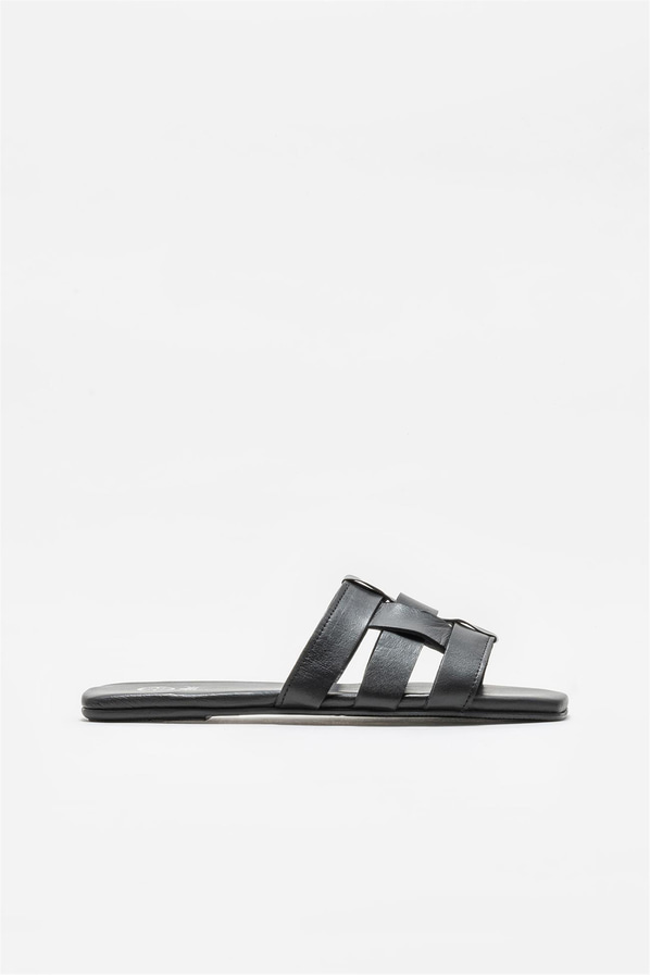 Siyah deri düz kadın terlik - Elle Shoes