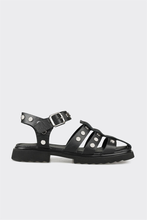 Siyah deri düz örgü dokulu kadın sandalet, ofis stili için - Elle Shoes