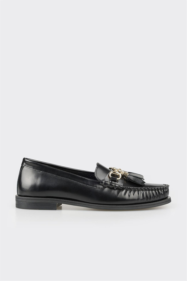 Siyah deri kadın loafer, ofis stili için - Elle Shoes