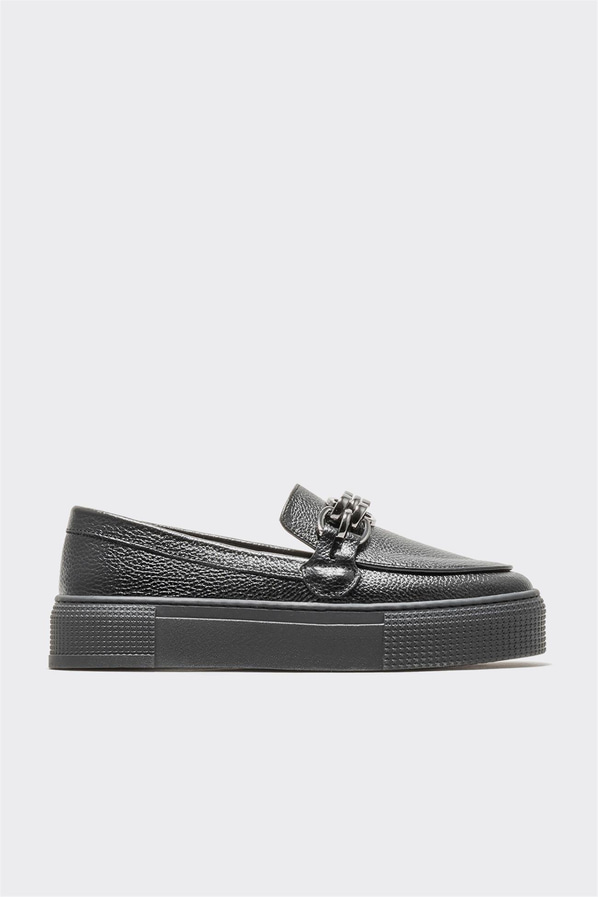 Siyah deri kadın düz ayakkabı, günlük kullanım için - Elle Shoes