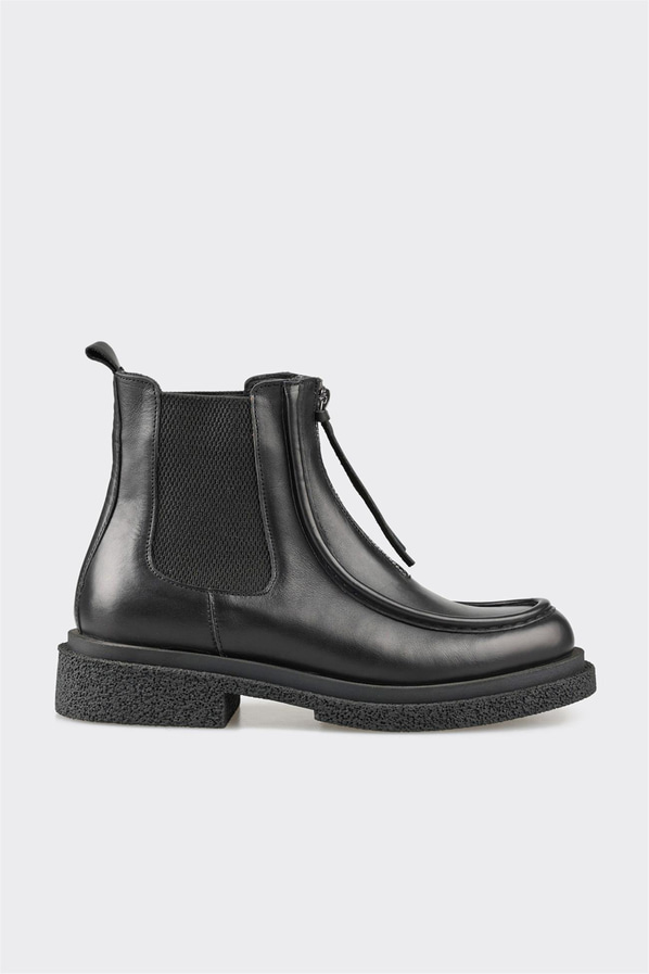 Siyah deri fermuarlı kadın bot, günlük kullanım için - Elle Shoes