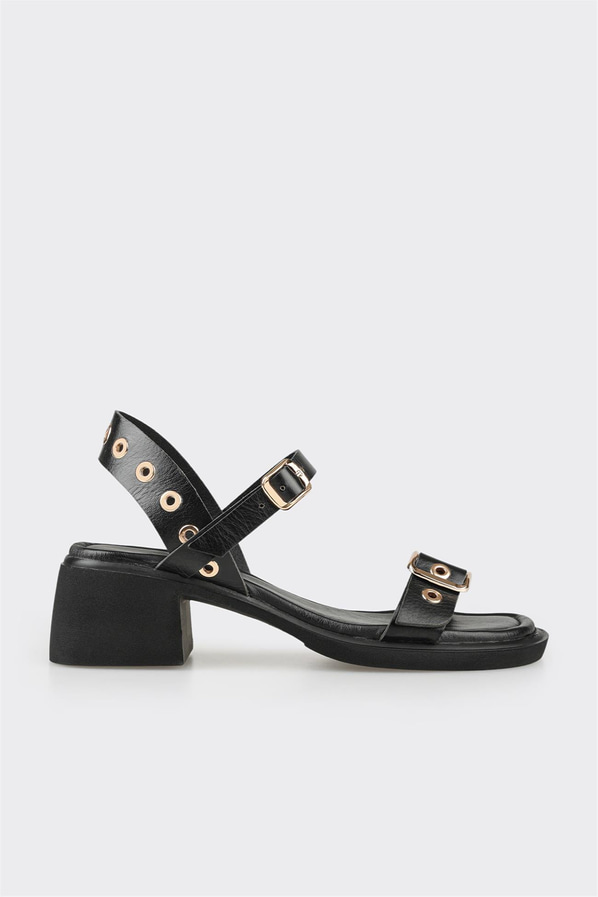 Siyah deri kadın topuklu sandalet, günlük kullanım için - Elle Shoes