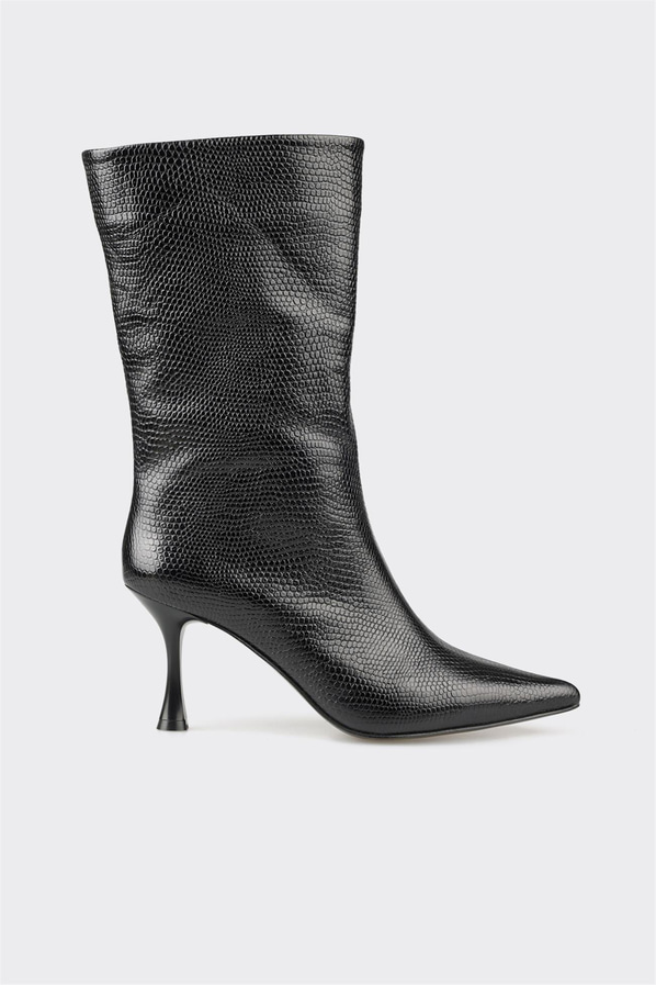 Siyah deri ince topuklu kadın bot, rahat kullanım için - Elle Shoes