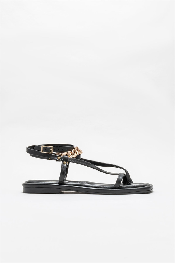 Siyah deri kadın sandalet - Elle Shoes