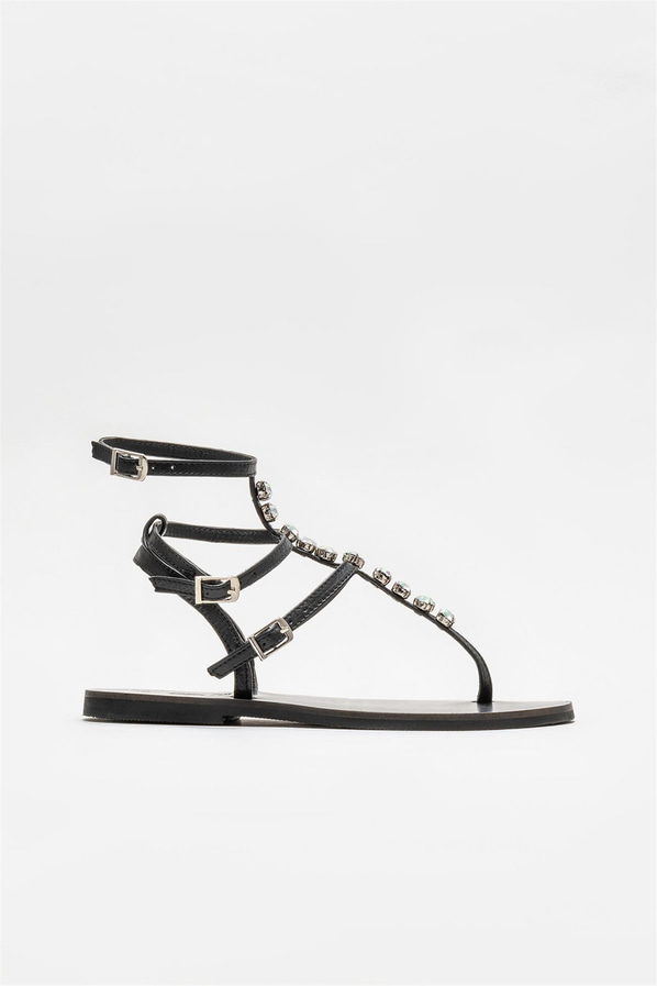 Siyah deri kadın sandalet - Elle Shoes