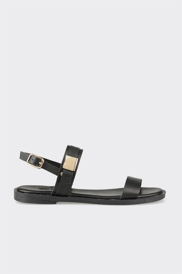 Siyah deri düz yumuşak dokulu kadın sandalet, klasik stil için - Elle Shoes
