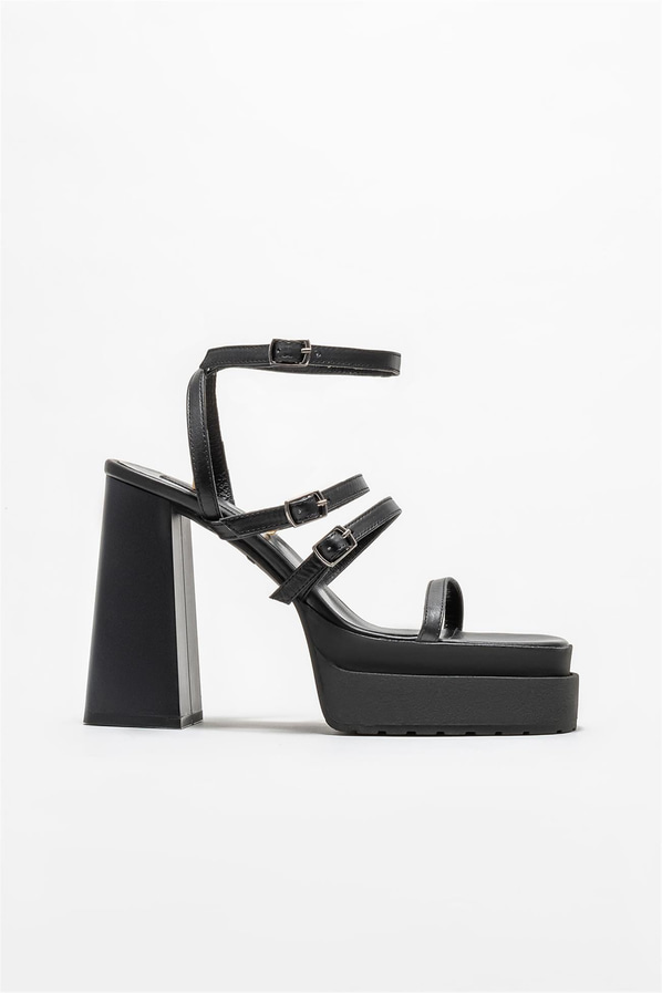 Siyah deri kadın topuklu sandalet - Elle Shoes