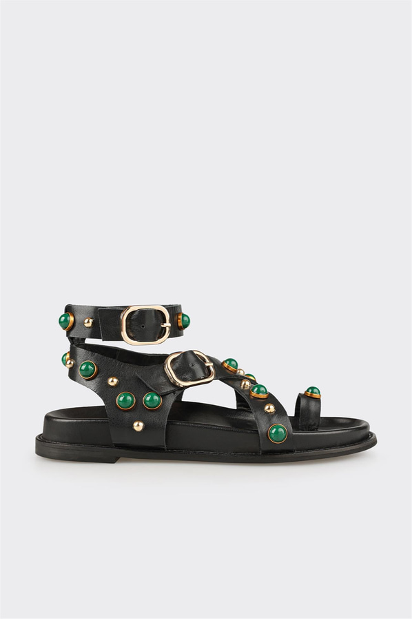 Siyah kahve deri kadın düz sandalet, rahat kullanım için - Elle Shoes