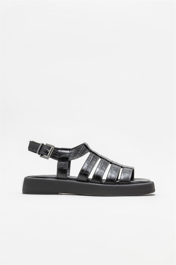 Siyah deri kadın sandalet - Elle Shoes