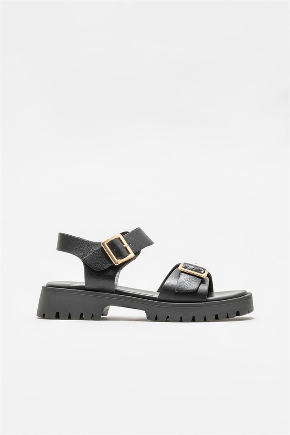 Siyah deri kadın sandalet - Elle Shoes