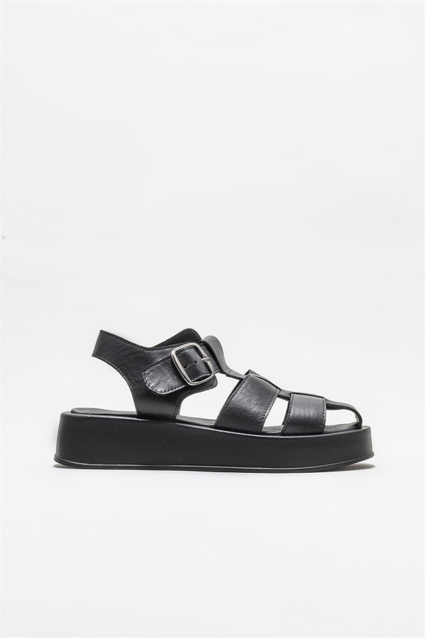 Siyah deri kadın sandalet - Elle Shoes
