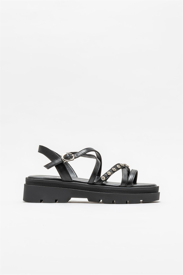 Siyah deri kadın sandalet - Elle Shoes