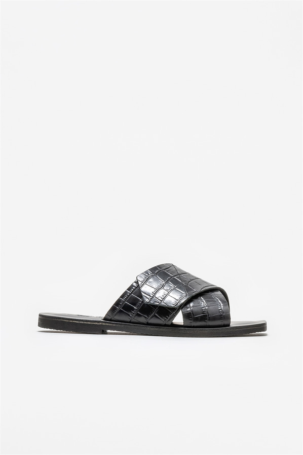 Siyah deri kadın düz terlik - Elle Shoes