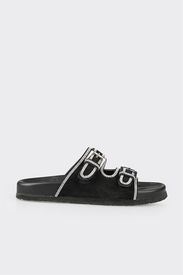Siyah deri düz kadın terlik, rahat kullanım için - Elle Shoes