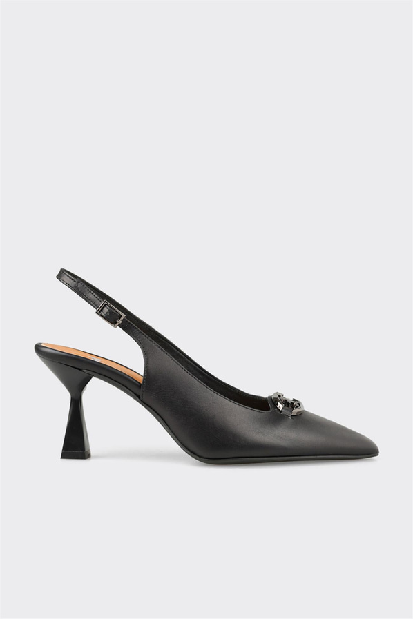 Siyah deri ince topuklu kadın ayakkabı, ofis stili için - Elle Shoes