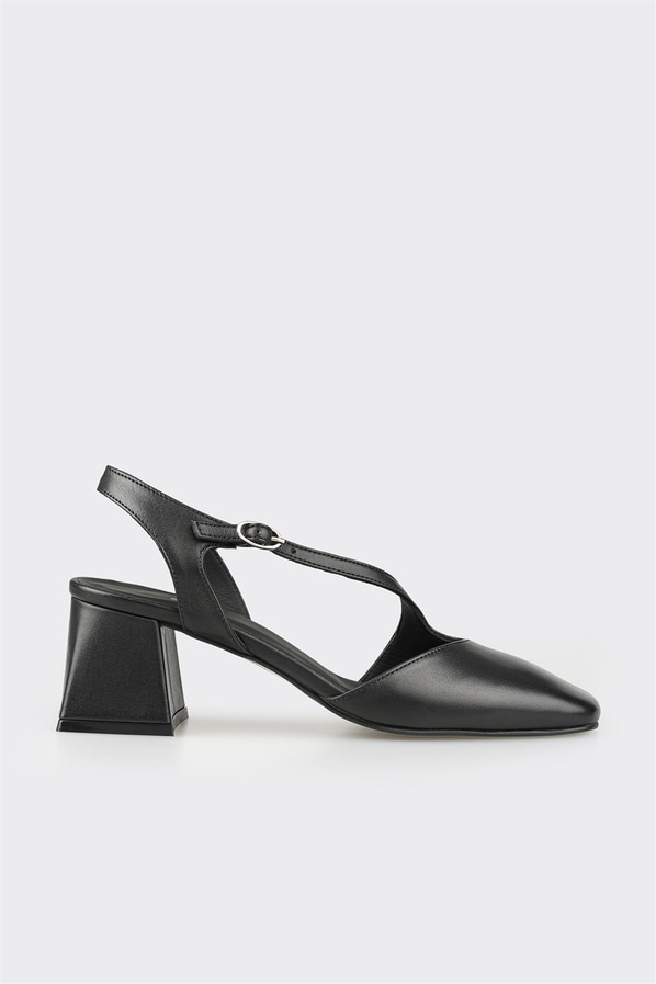 Siyah deri topuklu kadın ayakkabı - Elle Shoes