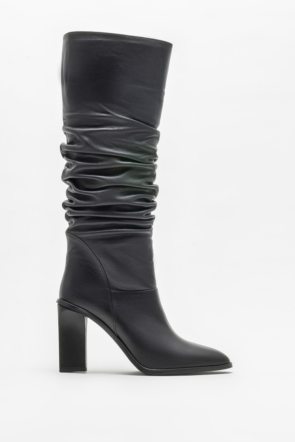 Siyah deri topuklu kadın çizme - Elle Shoes
