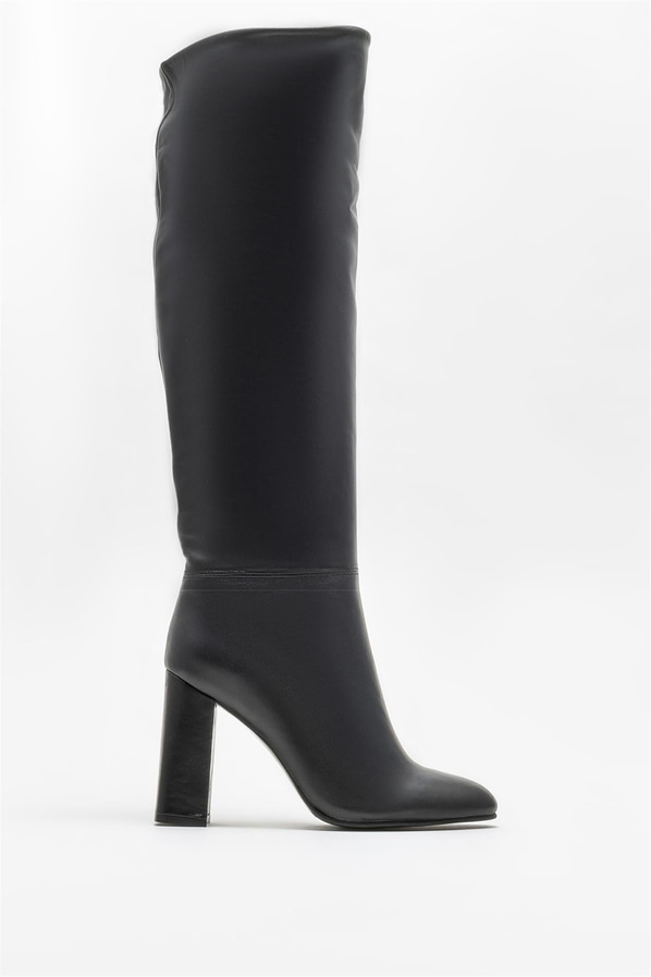 Siyah deri topuklu kadın çizme - Elle Shoes