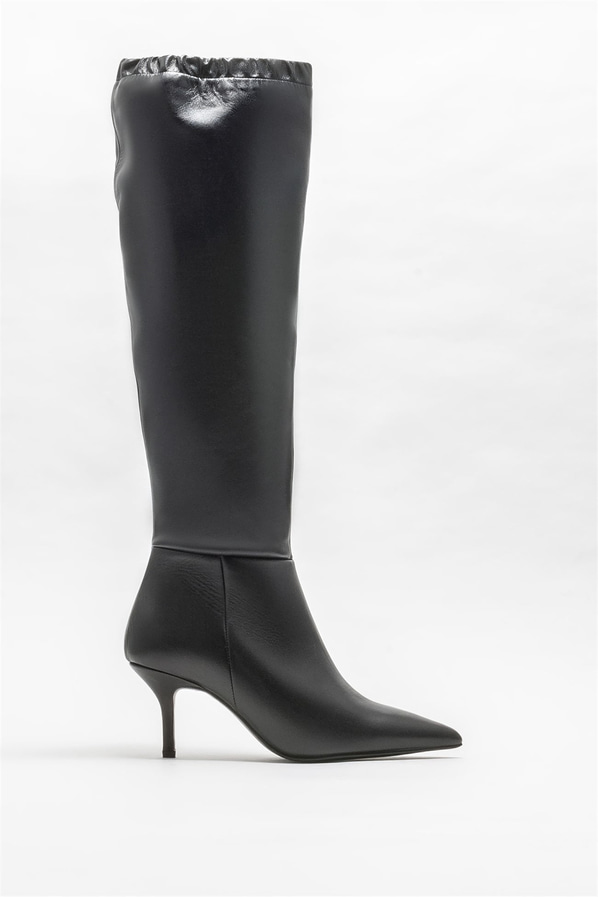 Siyah deri topuklu kadın çizme - Elle Shoes