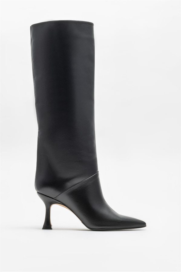 Siyah deri topuklu kadın çizme - Elle Shoes