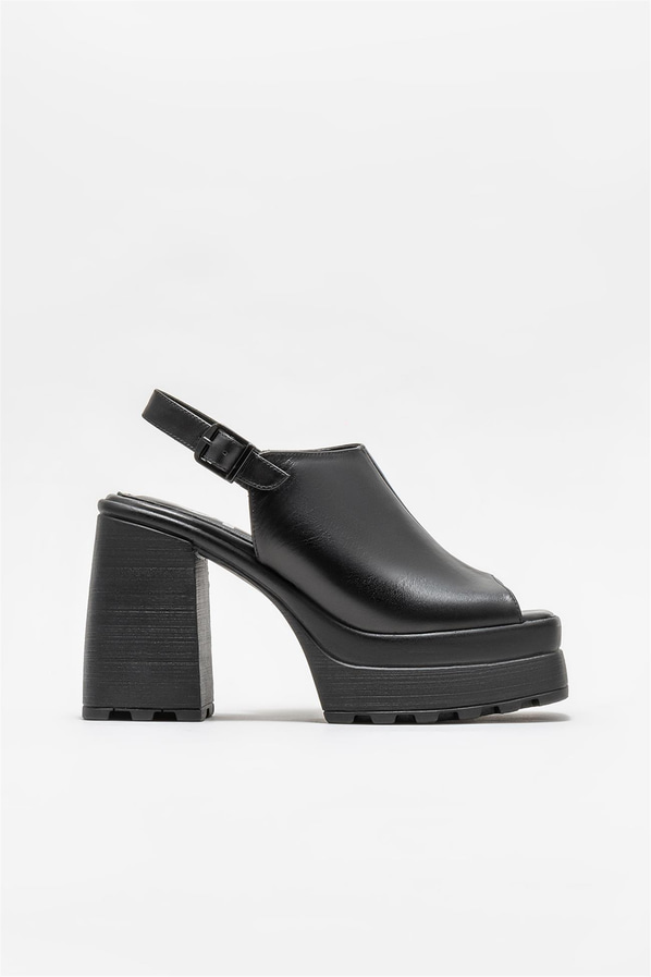 Siyah deri topuklu kadın sandalet - Elle Shoes