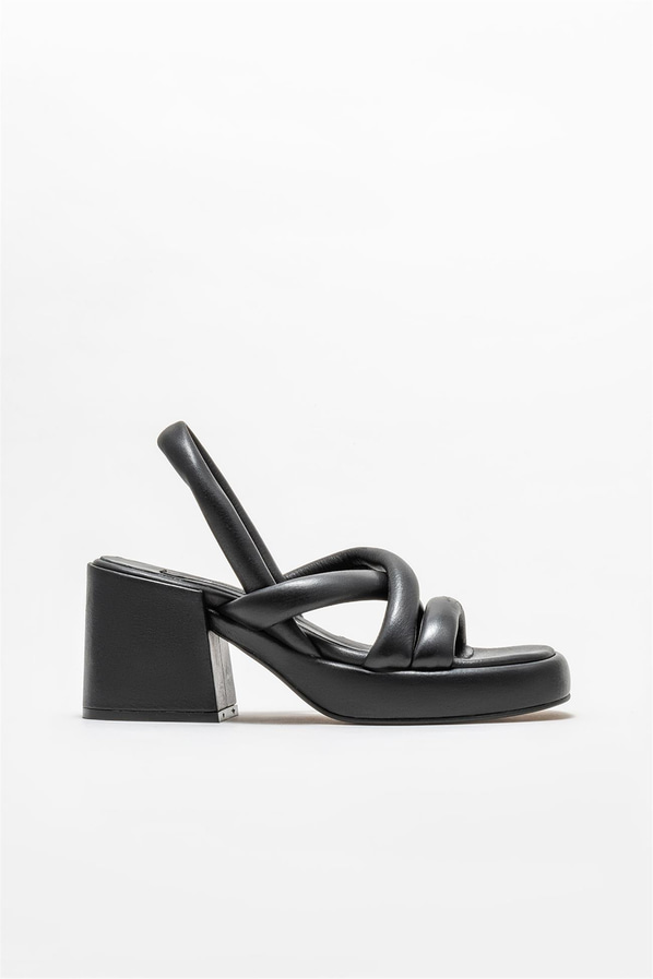 Siyah deri topuklu kadın sandalet - Elle Shoes