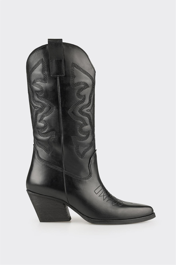 Siyah Deri Kadın Western Çizme