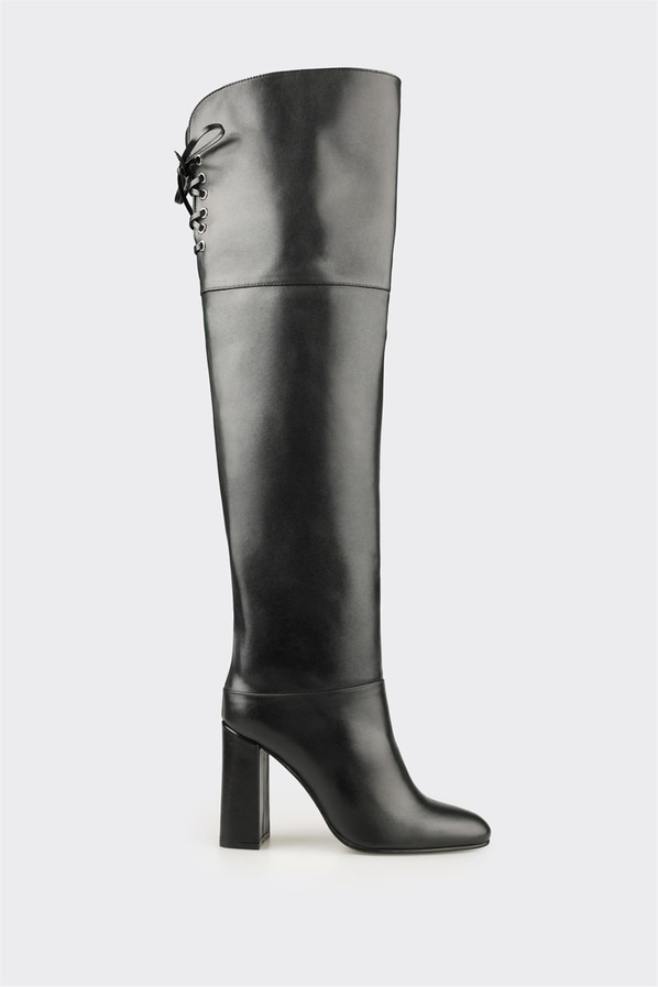Siyah Deri Kadın Yüksek Topuk Çizme