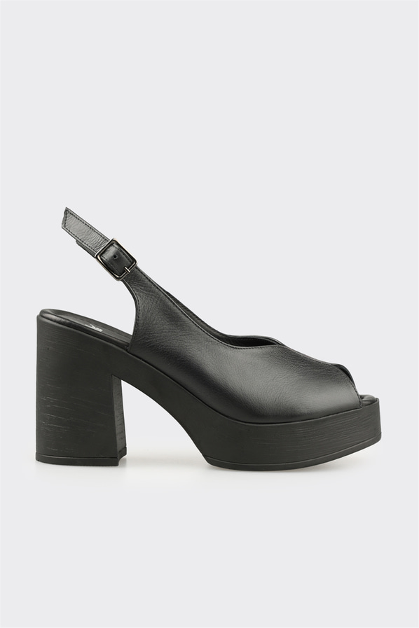 Siyah deri topuklu kadın dolgu sandalet - Elle Shoes