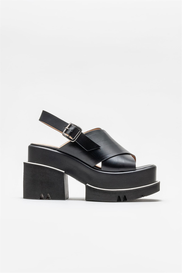 Siyah deri topuklu kadın sandalet - Elle Shoes