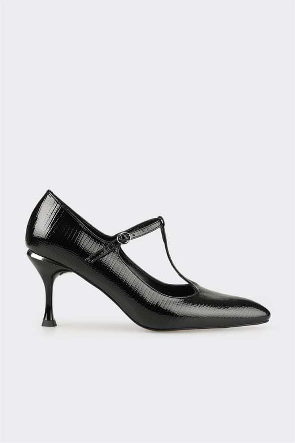 Siyah deri dolgu topuklu kadın ayakkabı, ofis stili için - Elle Shoes