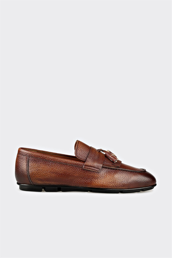 Taba deri püsküllü erkek loafer, ofis stili için - Elle Shoes