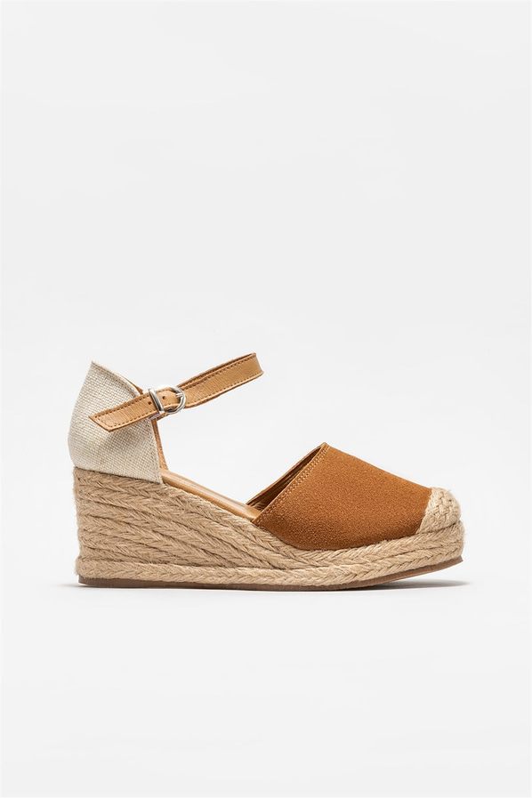 Taba kahve deri ve süet dolgu topuklu platform tabanlı kadın ayakkabı, rahat kullanım için - Elle Shoes