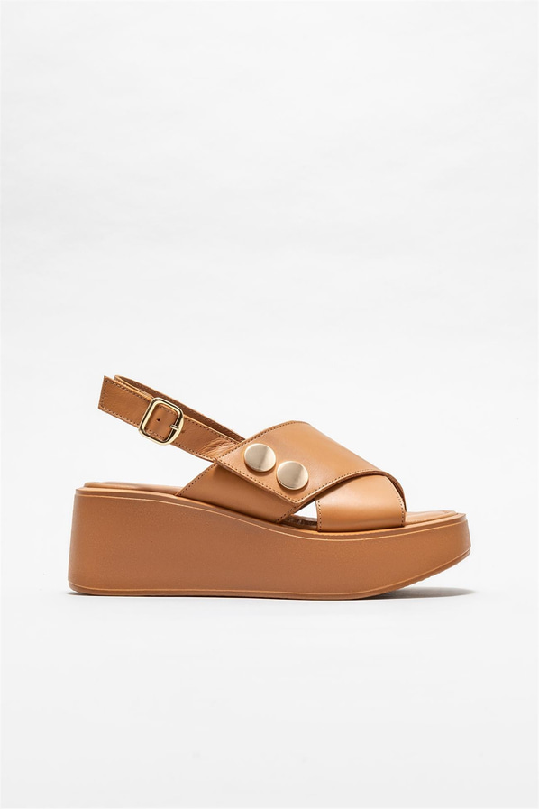 Taba deri dolgu topuklu kadın sandalet - Elle Shoes