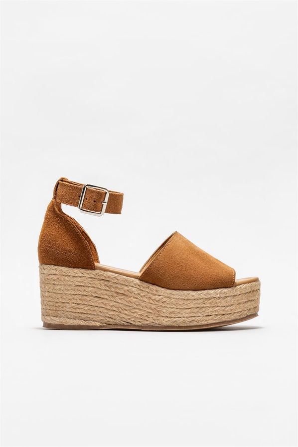 Taba kahve deri ve süet bağcıklı dolgu topuklu kadın sandalet, rahat kullanım için - Elle Shoes