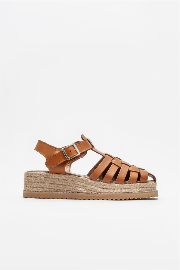 Taba deri dolgu topuklu kadın sandalet - Elle Shoes