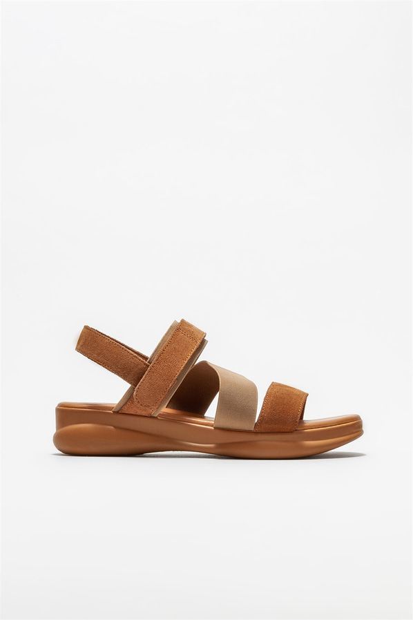 Taba deri dolgu topuklu kadın sandalet - Elle Shoes