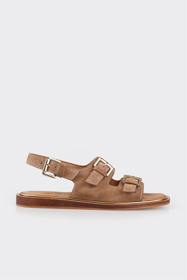 Taba deri ve süet düz bantlı kadın sandalet, klasik stil için - Elle Shoes