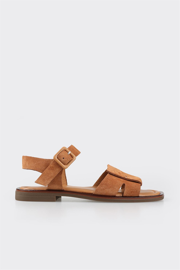 Taba deri düz yumuşak dokulu kadın sandalet, rahat kullanım için - Elle Shoes