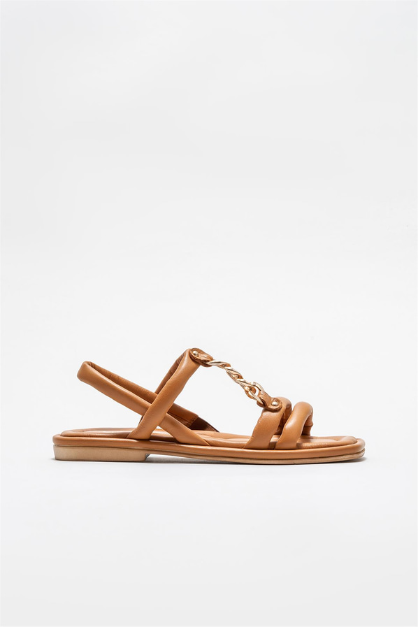 Taba deri düz zincir detaylı kadın sandalet, rahat kullanım için - Elle Shoes