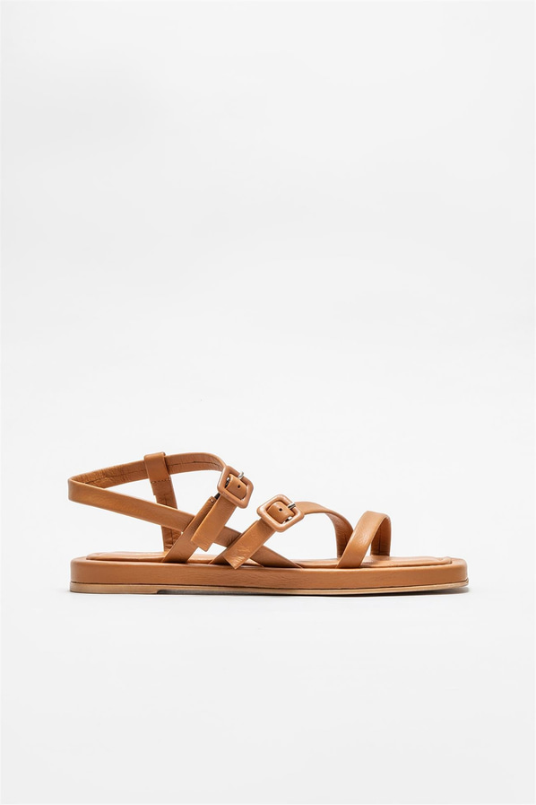 Taba deri düz kadın sandalet - Elle Shoes